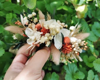 Peigne fleuri automnale "Ginger" fleurs séchées et stabilisées fougère eucalyptus terracotta, ivoire, saumon
