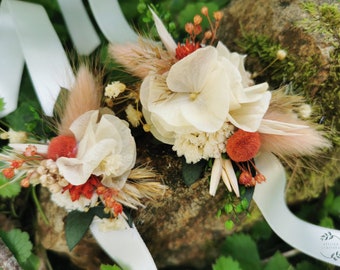 Bracelet demoiselle d'honneur "Ginger"  fleurs séchées et stabilisées terracotta ivoire vert automne