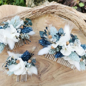 Peigne fleuri Cassiopée fleurs séchées et stabilisées bleu nuit, dusty blue, gris, blanc image 5