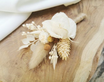 Boutonnière marié et témoins "Ysée" fleurs séchées, beige, naturel, ivoire, bohême