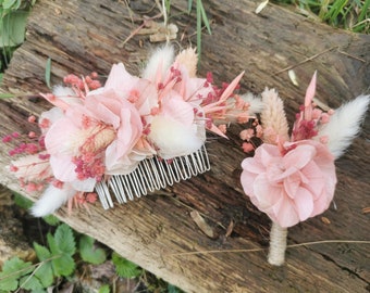 FIN DE COLLECTION Boutonnière/Peigne fleurie mariage fleurs séchées et stabilisées tons de rose