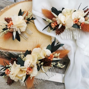 "Elea" flower comb, dried and preserved flowers, autumnal tones, rust, brown, peach