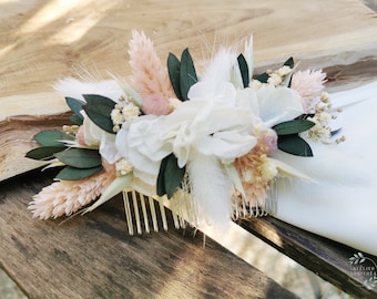 Bloemenkam "Hanaé", gedroogde en geconserveerde bloemen, hortensia, eucalyptus, gypsophila, wit, groen en lichtroze