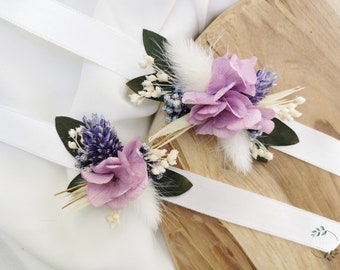 Bracelet demoiselle d'honneur "Anaïs"  fleurs séchées et stabilisées lavande, lilas, blanc, ivoire et feuillage