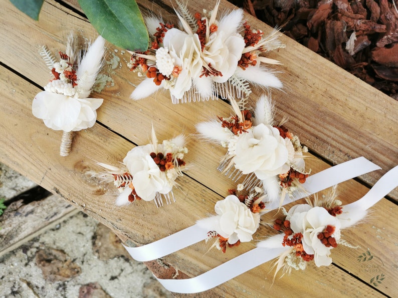 Peigne fleuri Sofia fleurs séchées et stabilisées ivoire et terracotta image 4