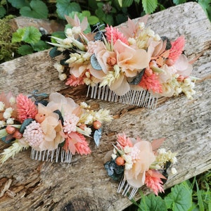 Peigne fleuri Cléophée fleurs séchées et stabilisées rose, corail, saumon , vert image 4