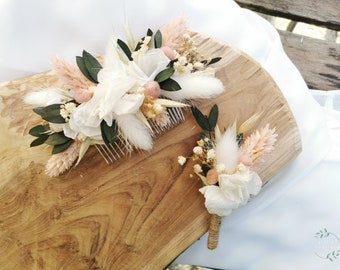 Boutonnière marié et témoins "Hanaé" fleurs séchées et stabilisées hortensia, eucalyptus, gypsophile blanc et rose pâle