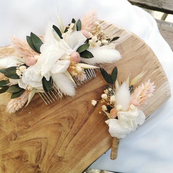 Groom's buttonhole and witnesses "Hanaé" dried and preserved flowers hydrangea, eucalyptus, white and pale pink gypsophila