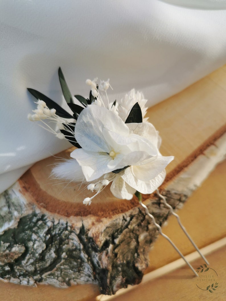 Pic à cheveux / chignon Isidore hortensias blanc, fleurs séchées et stabilisées ivoire et eucalyptus image 2