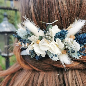 &quot;Cassiopée&quot; flower comb, dried and stabilized flowers, midnight blue, dusty blue, gray, white