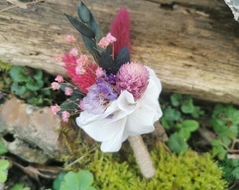 END OF COLLECTION Groom flower buttonhole witness dried and preserved flowers purple, raspberry, pink