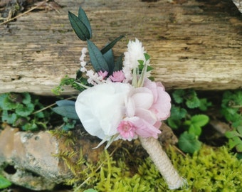 END OF COLLECTION Groom flower buttonhole witness dried and preserved flowers pink, white, green