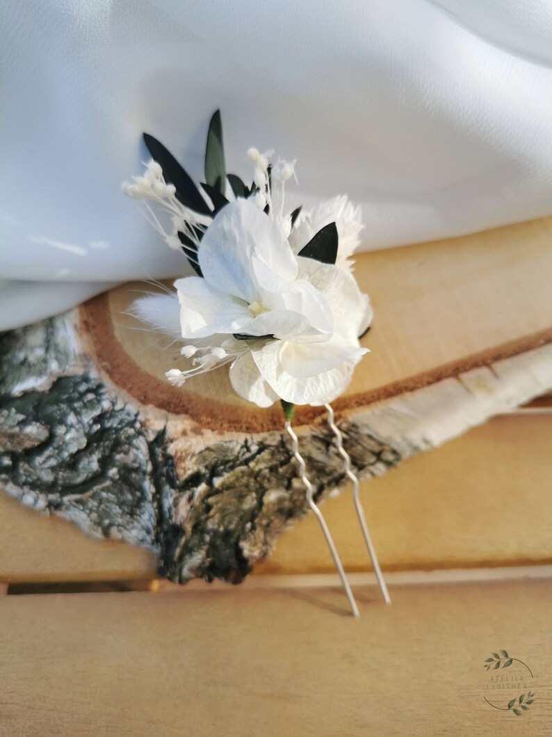 Pic à cheveux / chignon Isidore hortensias blanc, fleurs séchées et stabilisées ivoire et eucalyptus image 3