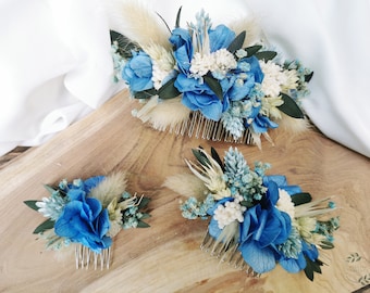 Bloemenkam "Lily" gedroogde en geconserveerde wilde bloemen in blauwe tinten
