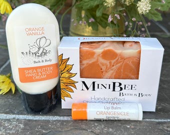 ORANGE VANILLA Gift Bag, Shea Butter Soap,Hand and Body Cream, Lip Balm