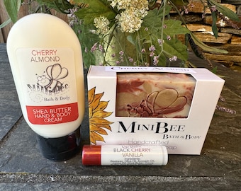 CHERRY ALMOND GIFT Bag, Shea Butter Soap,Hand and Body Cream, Lip Balm