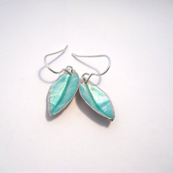 Spring leaf  enamelled aqua earrings