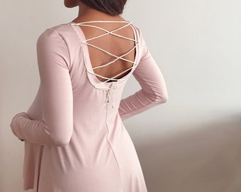 Long Sleeve - Scoop Neck - Pink - Maternity Top - Lace Up Back - Comfortable Bamboo Tee - Maternity Shirt -Flared Tee Shirt-Rose Lace Up Tee