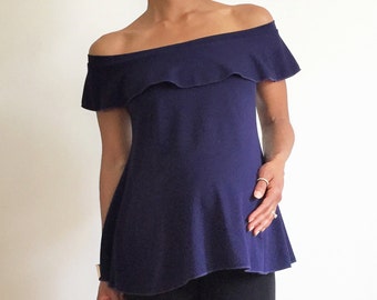 Off the Shoulder Maternity Top - Ruffle Detail - Short Sleeve Top - Knit Shirt with Ruffle - Pretty Maternity top - Dressy Maternity shirt