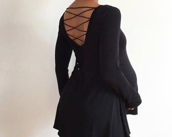Long Sleeve - Scoop Neck - Black - Maternity Top - Lace Up Back - Comfortable Bamboo Tee - Maternity Shirt - Flared Tee Shirt - High Low Tee
