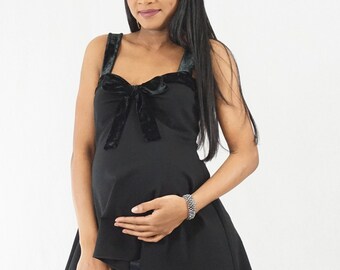 Black Swing Top with Velvet Bow Detail - Maternity-Friendly Dressy Shirt - Black Velvet Combo - Swing Top with Bow -Maternity Shirt with Bow