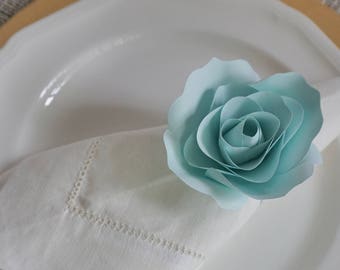 Handmade Paper Flowers Napkin Ring - Teal Paper Roses - Floral Table Decor - Paper Rose Table Setting - Teal Babyshower Decor -Wedding Decor