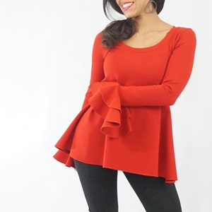 Maternity Top Red Flare Sleeve Top Long Sleeve Shirt with Ruffles Maternity-friendly shirt with Ruffle Sleeves Stylish Maternity Tee image 2