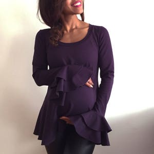 Flare Sleeve Top - Long Sleeve Shirt with Ruffles - Maternity-friendly shirt with Ruffle Sleeves - Stylish Maternity Tee - Plum-Eggplant Top