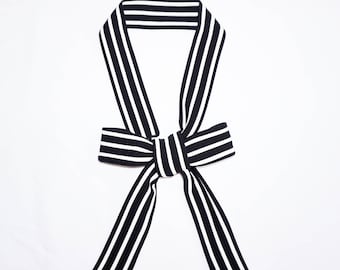 Handmade Necktie - Black and White Stripe - Waist Sash - Skinny Scarf - Knit Waist Tie - Skinny Neck Scarf - Long and Skinny Headband - Belt