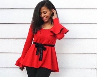Red Flare Sleeve Top - Long Sleeve Shirt with Ruffles - Shirt with Ruffle Sleeves - Perfect Holiday Shirt - Ruffle Sleeves - Red Holiday Top
