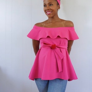 Off the Shoulder Maternity Top with Ruffle Detail - Hot Pink Top w Ruffle - Fuchsia Off the Shoulder Ruffle shirt - Maternity friendly top