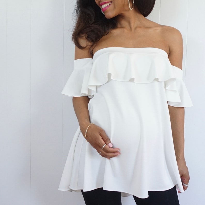 Strapless Maternity Top with Ruffle Detail Ruffle Sleeve Top White Knit Shirt with Ruffles Pretty Maternity top Dressy Maternity shirt image 2