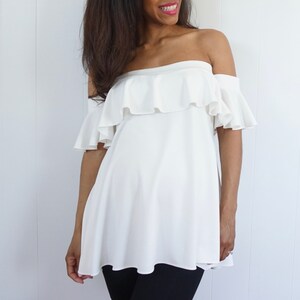 Strapless Maternity Top with Ruffle Detail Ruffle Sleeve Top White Knit Shirt with Ruffles Pretty Maternity top Dressy Maternity shirt image 1