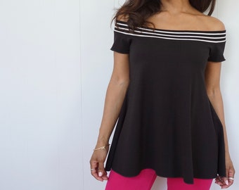 Maternity Shirt - Off the Shoulder Top with Black and White Stripes - Black Off Shoulder Shirt - Sexy Maternity friendly Top - Maternity Top