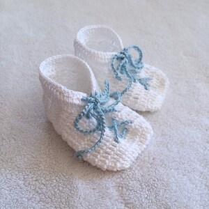 Hand Knit Baby Booties Gift White Baby Blue Lace Up Detail Baby shower gift Baby gift Nursery decor Newborn baby knit booties image 2