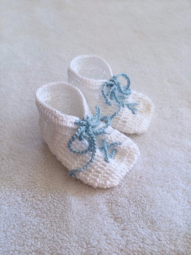 Hand Knit Baby Booties Gift White Baby Blue Lace Up Detail Baby shower gift Baby gift Nursery decor Newborn baby knit booties image 2