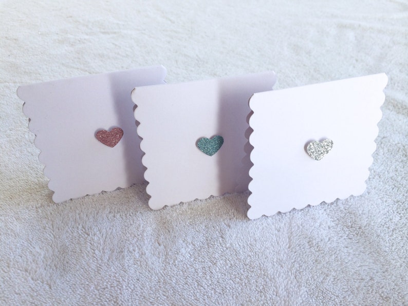 Blank Mini Note Card Scallop Edge Card Glitter Heart Pink Blue Silver Square Scalloped Note Card image 2