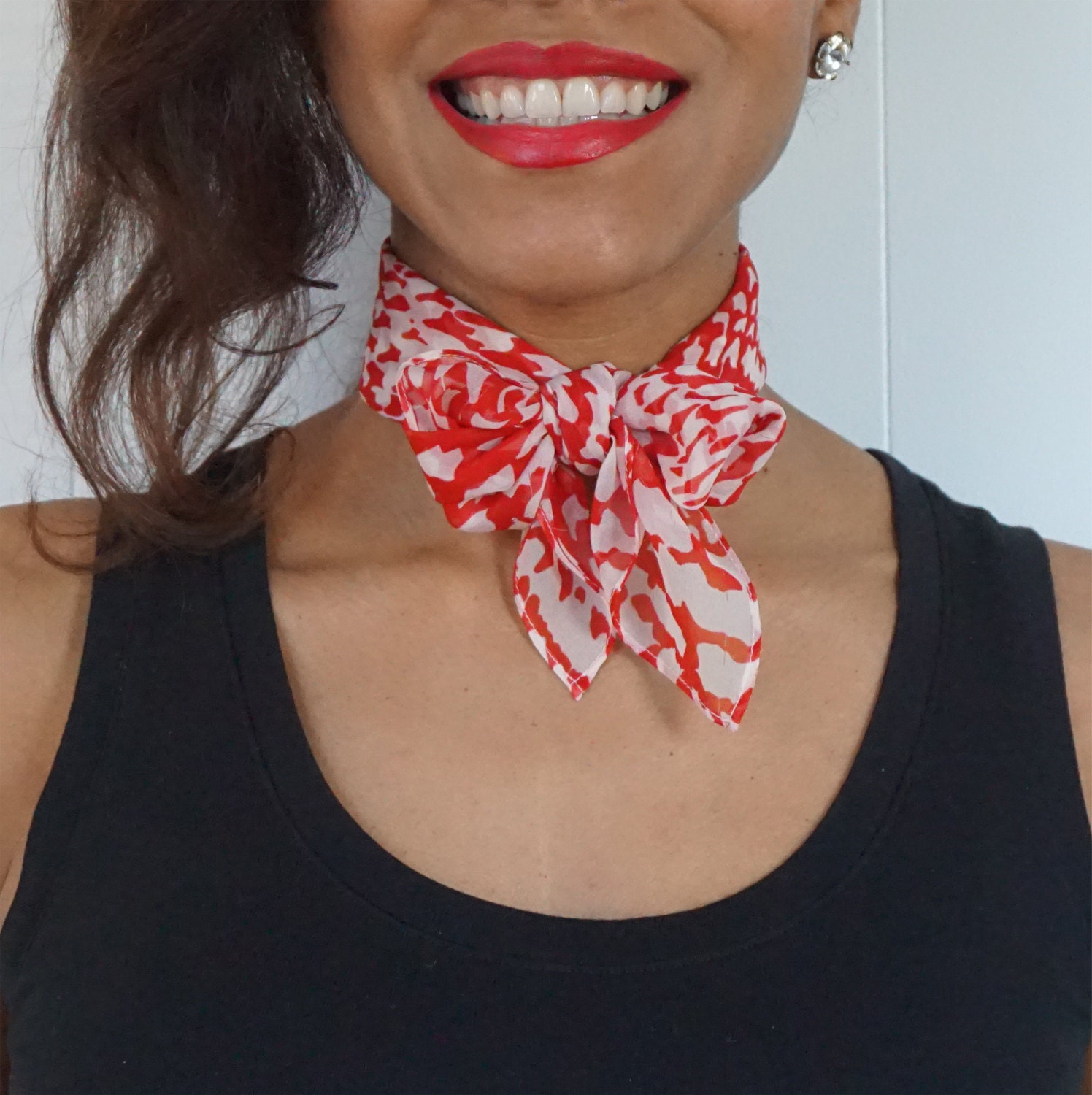 Handmade Neck Scarf Red Silk Print Silk Chiffon Scarf Etsy