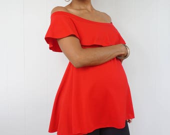Maternity Tops - Red Off Shoulder Top with Ruffle Detail - Red Top with Ruffle - Red Maternity shirt - Red Señorita shirt - Red Peasant Top