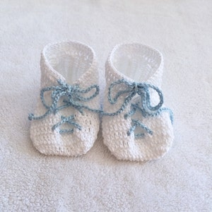 Hand Knit Baby Booties Gift White Baby Blue Lace Up Detail Baby shower gift Baby gift Nursery decor Newborn baby knit booties image 1