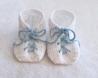 Hand Knit Baby Booties Gift - White - Baby Blue Lace Up Detail - Baby shower gift - Baby gift - Nursery decor - Newborn baby  knit booties