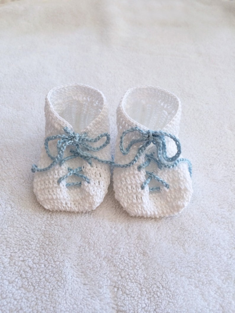 Hand Knit Baby Booties Gift White Baby Blue Lace Up Detail Baby shower gift Baby gift Nursery decor Newborn baby knit booties image 1