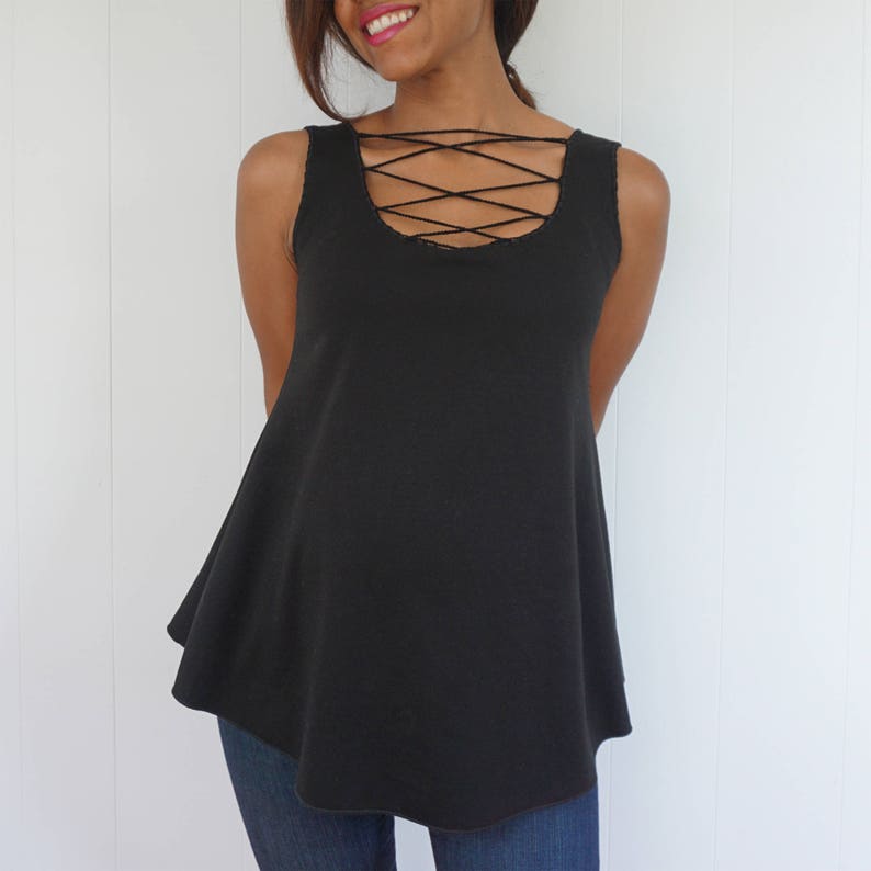 Sleeveless Maternity Top with Lace Up Front Black Boho Lace Up Top with Handknit Detail Crochet Lace Up Top-Sleeveless Mommy to be Top image 1