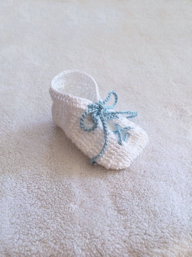 Hand Knit Baby Booties Gift White Baby Blue Lace Up Detail Baby shower gift Baby gift Nursery decor Newborn baby knit booties image 3
