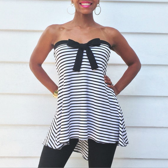 Black and White Stripe Maternity Top Strapless Shirt W Black Bow Detail  Black & White Top Summer Stripes Strapless Top With Bow 