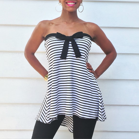 Black and White Stripe Maternity Top Strapless Shirt W Black Bow Detail  Black & White Top Summer Stripes Strapless Top With Bow 