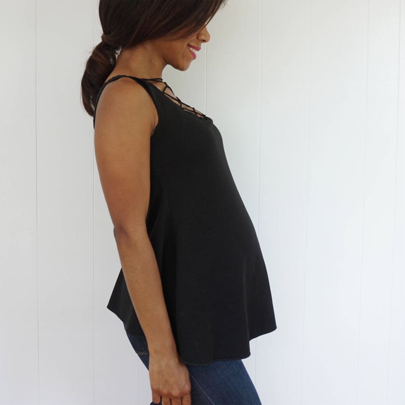 Sleeveless Maternity Top with Lace Up Front Black Boho Lace Up Top with Handknit Detail Crochet Lace Up Top-Sleeveless Mommy to be Top image 3