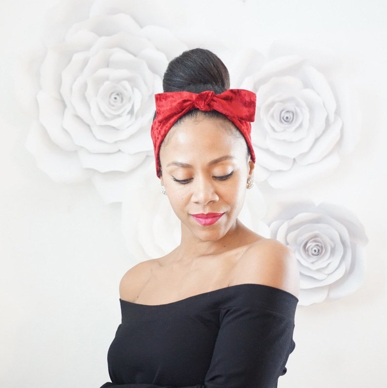 Velvet Headband with Bow - Red Velvet Headband - Velvet Head Tie with Bow - Knit Tie - Holiday Headband with Bow - Red Velvet Hair Bow Gift image 1