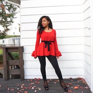 Maternity Top Red Flare Sleeve Top Long Sleeve Shirt with Ruffles Maternity-friendly shirt with Ruffle Sleeves Stylish Maternity Tee image 5