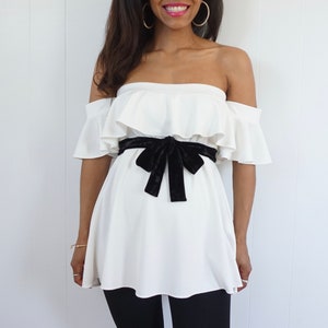 Strapless Maternity Top with Ruffle Detail Ruffle Sleeve Top White Knit Shirt with Ruffles Pretty Maternity top Dressy Maternity shirt image 5